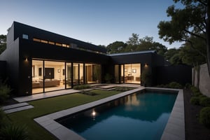 A serene photo-realistic depiction of a modern Japanese Black House, situated amidst a tranquil atmosphere. The structure's façade is a striking black with stone accents, punctuated by large windows that allow natural light to filter in. A minimalist approach has been taken with the design, allowing the building's clean lines and angular shapes to take center stage. The roof, too, is black, blending seamlessly into the surrounding landscape. In the foreground, an asian inspired garden courtyard with shrubery, calming water pools, modern fire pit, and decorative pots invites contemplation, its simple beauty enhanced by the stark contrast of the house's dark exterior.