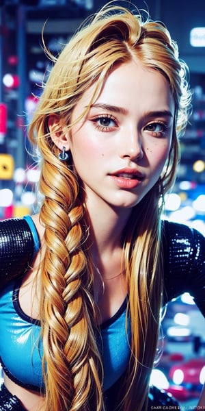 Best picture quality, high resolution, 8k, realistic, sharp focus, realistic image of cyberpunk lady, beauty, supermodel, tattoos, blonde braids, blue eyes, dark eyeliner, glossy lips, lip bite, custom design, 1 girl,mecha, neon city night, looking behind, picture from below, picture from behind, upper torso