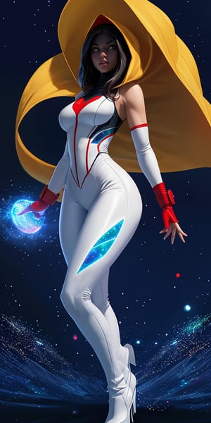 In a dark, starry night sky, Space Ghost stands majestically, her thunder yellow cape fluttering in the cosmic breeze. She wears a tight white jumpsuit that accentuates her toned physique, complete with red wrist cuffs and belt. A black hooded mask shrouds her face, exuding an air of mystery. Her glossy skin glows under the faint light of nearby stars. In an ominous pose, she dominates the scene, radiating power and strength. Holographic particles swirl around her, imbued with a neon-like texture that seems to pulse with energy, as if fueled by her very being. The style is reminiscent of Wolk's signature aesthetic, blending futuristic elements with a sense of otherworldly mystique. Strong backlit particles create an ethereal aura, further emphasizing Space Ghost's imposing presence in the vast expanse of space.