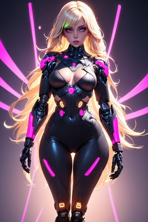 8k,  (masterpiece,best quality),High detailed, full body, arms out, picture perfect face, blush, freckles,beautiful face,main protagonist,video game heroine,(thic lips, broad lips), colorful,(blonde, neon, pink/black hair),cut bangs,long hair, hair braids, perfectly textured skin,(pink eyes,iridescent eyes),(perfect female body),slim,slender,long legs,((thigh gap)), (thic lips, broad lips), alluring, charming, beautiful, cute, feminine, sexy,seductive,erotic, lipgloss,makeup, intricate, delicate, fishnet stockings,futuristic,cyborg,she is a cool protagonist of a sci-fi video game, 
more detail XL,ani_booster,yk_cyborgs