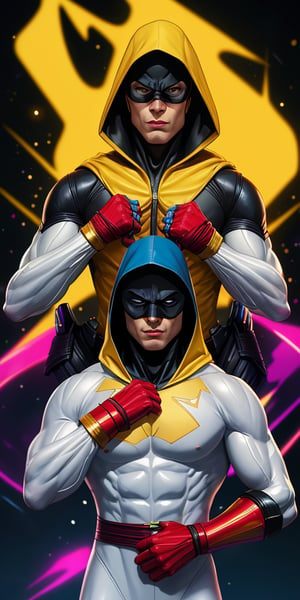 Space Ghost character, sensual, thunder yellow cape, tight white suit, black hooded mask, red wrist cuffs and red belt, Darf Punk wlop glossy skin, ultrarealistic tough superhero, ominus pose, holographic, neon holographic texture, the style of wlop, space, ,l4tex4rmor,Strong Backlit Particles