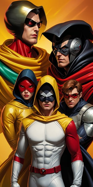 Space Ghost, Male, thunder yellow cape, tight white suit, black hooded mask, red wrist cuffs and red belt, Darf Punk wlop glossy skin, ultrarealistic tough superhero, space helm 60s, holographic, holographic texture, the style of wlop, space, ,l4tex4rmor