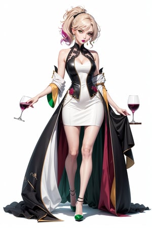 line art, solo female, standing seductively, multicolor lines, holding wine glass, sensual, side_view, full body, sexy heels, messy hair, revealing clothing, green lipstick, white background, pony_tail