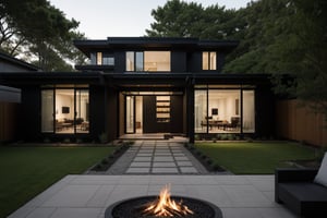 A serene photo-realistic depiction of a modern Japanese Black House, situated amidst a tranquil atmosphere. The structure's façade is a striking black with stone accents, punctuated by large windows that allow natural light to filter in. A minimalist approach has been taken with the design, allowing the building's clean lines and angular shapes to take center stage. The roof, too, is black, blending seamlessly into the surrounding landscape. In the foreground, an asian inspired courtyard with shrubery, calming water pools, modern fire pit, and decorative pots invites contemplation, its simple beauty enhanced by the stark contrast of the house's dark exterior.