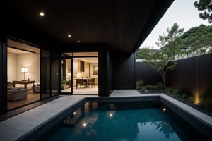 A serene photo-realistic depiction of a modern Japanese Black House, situated amidst a tranquil atmosphere. The structure's façade is a striking black with stone accents, punctuated by large windows that allow natural light to filter in. A minimalist approach has been taken with the design, allowing the building's clean lines and angular shapes to take center stage. The roof, too, is black, blending seamlessly into the surrounding landscape. In the foreground, an asian inspired courtyard with shrubery, calming water pools, modern fire pit, and decorative pots invites contemplation, its simple beauty enhanced by the stark contrast of the house's dark exterior.
