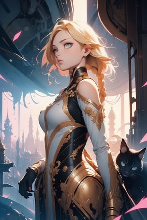 

**Specific Instructions for the AI**:

1. **Generate an image of a woman around 20 years old with long blonde braided hair and pink highlights, and golden eyes with vertical irises**.
2. **Incorporate intricate modern and stylish attire similar to Thunder Cats with elements of fantasy or technology, predominantly in dark and metallic tones**.
3. **Ensure her posture and expression convey confidence, determination, and mystery**.
4. **Use a background that complements her world's setting, with lighting that highlights the character's features**.
5. **Maintain a visual style aligned with illustrations from Japanese light novels, paying attention to detail and using a harmonious color palette**.

**Example Visual Description**:

In the image, the approximately 20-year-old woman stands with a confident posture, slightly leaning forward as if prepared for action. Her long, blonde braided hair with pink highlights frames her face in a stylish manner. Her metallic golden eyes with vertical irises like a cat shine with intensity, highlighting her mystical appearance. She wears modern, form-fitting attire similar to Thunder Cats with technological details like metallic bracelets and gloves that hint at her special abilities. The background depicts a futuristic cityscape with neon lights, emphasizing her presence and creating an atmosphere that enhances her enigmatic charactr
,portrait,perfect light