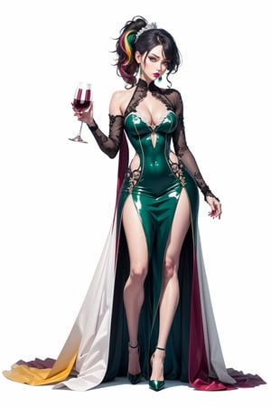 line art, solo female, standing seductively, multicolor lines, holding wine glass, sensual, side_view, full body, sexy heels, messy hair, revealing clothing, green lipstick, white background, pony_tail