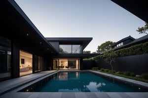 A serene photo-realistic depiction of a modern Japanese Black House, situated amidst a tranquil atmosphere. The structure's façade is a striking black with stone accents, punctuated by large windows that allow natural light to filter in. A minimalist approach has been taken with the design, allowing the building's clean lines and angular shapes to take center stage. The roof, too, is black, blending seamlessly into the surrounding landscape. In the foreground, a pebble-paved courtyard with shrubery and calming water pools invites contemplation, its simple beauty enhanced by the stark contrast of the house's dark exterior.