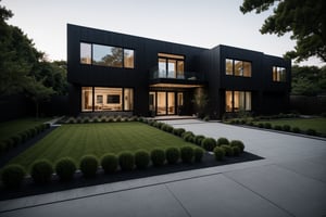 A serene photo-realistic depiction of a modern Japanese Black House, situated amidst a tranquil atmosphere. The structure's façade is a striking black with stone accents, punctuated by large windows that allow natural light to filter in. A minimalist approach has been taken with the design, allowing the building's clean lines and angular shapes to take center stage. The roof, too, is black, blending seamlessly into the surrounding landscape. In the foreground, a pebble-paved courtyard with shrubery invites contemplation, its simple beauty enhanced by the stark contrast of the house's dark exterior.