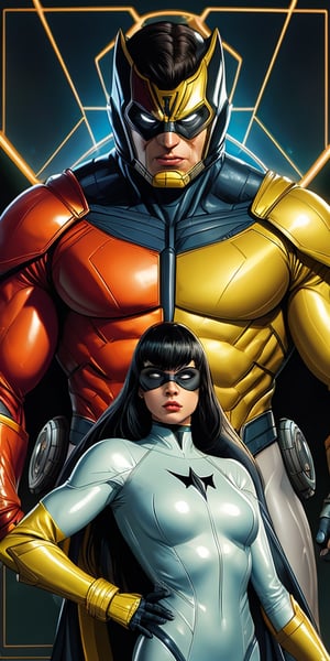 Space Ghost, thunder yellow cape, tight white suit, black hooded mask, and the anime series G Force of the 1980s,Darf Punk wlop glossy skin, ultrarealistic tough superhero, space helm 60s, holographic, holographic texture, the style of wlop, space, ,l4tex4rmor