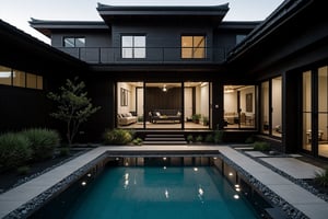 A serene photo-realistic depiction of a modern Japanese Black House, situated amidst a tranquil atmosphere. The structure's façade is a striking black with stone accents, punctuated by large windows that allow natural light to filter in. A minimalist approach has been taken with the design, allowing the building's clean lines and angular shapes to take center stage. The roof, too, is black, blending seamlessly into the surrounding landscape. In the foreground, an asian inspired garden courtyard with shrubery, calming water pools, modern fire pit, and decorative pots invites contemplation, its simple beauty enhanced by the stark contrast of the house's dark exterior.
