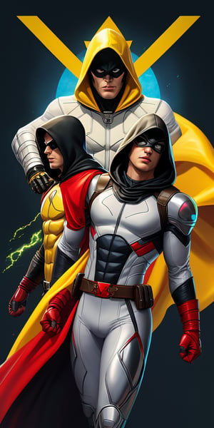 Space Ghost character,  solo Male, thunder yellow cape, tight white suit, black hooded mask, red wrist cuffs and red belt, Darf Punk wlop glossy skin, ultrarealistic tough superhero, space helm 60s, holographic, holographic texture, the style of wlop, space, ,l4tex4rmor
