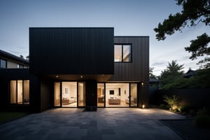 A serene photo-realistic depiction of a modern Japanese Black House, situated amidst a tranquil atmosphere. The structure's façade is a striking black with stone accents, punctuated by large windows that allow natural light to filter in. A minimalist approach has been taken with the design, allowing the building's clean lines and angular shapes to take center stage. The roof, too, is black, blending seamlessly into the surrounding landscape. In the foreground, a stone-paved courtyard invites contemplation, its simple beauty enhanced by the stark contrast of the house's dark exterior.
