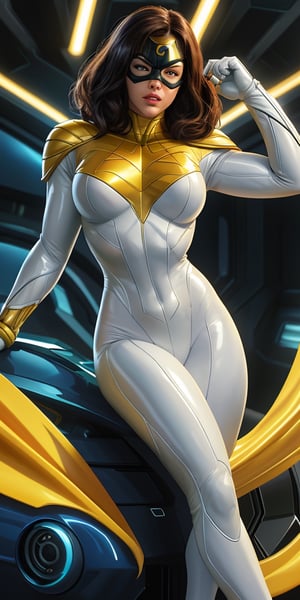 Space Ghost, thunder yellow cape, tight white suit, black hooded mask, and the anime series G Force of the 1980s,Darf Punk wlop glossy skin, ultrarealistic tough superhero, space helm 60s, holographic, holographic texture, the style of wlop, space, ,l4tex4rmor