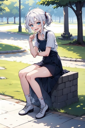 full_body, girl, teen, shy, outdoor, white_hair, sitting, laughing, finger_fetish