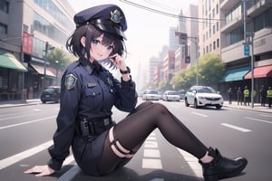 full_body, shy, petite, girl, police_uniform, dark_hair, laughing, take (right_hand, handcuffs), sitting, police_auto, calling_you