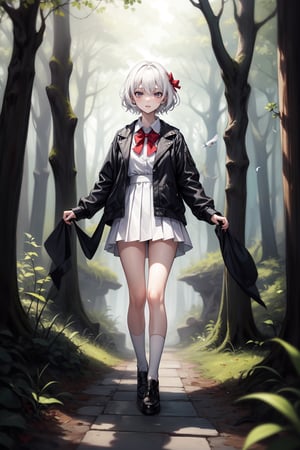 full_body, girl, teen, shy, outdoor, white_hair, forest, short_skirt, bird, long_bow