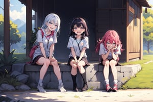 full_body, shy, outdoor, teen, 2_girls (laughing), 1_girl (sitting), 1_girl (crying_with_eyes_open)