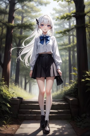 full_body, girl, teen, shy, outdoor, white_hair, forest, short_skirt, bird, long_bow