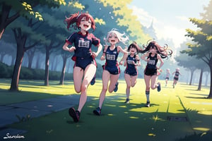 full_body, shy, outdoor, teen, 2_girls (running, laughing), 1_girl (sitting), 1_girl (sitting, crying_with_eyes_open)