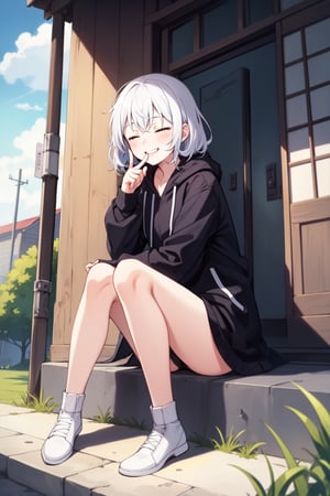 full_body, girl, teen, shy, outdoor, white_hair, sitting_down, laughing, finger_on_lips, closed_eyes