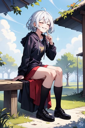 full_body, girl, teen, shy, outdoor, white_hair, sitting_down, laughing, finger_on_lips, closed_eyes,glitter