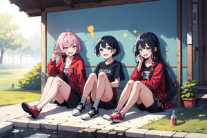 full_body, shy, outdoor, teen, 3_girls, laughing, crying_with_eyes_open, sitting