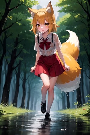 full_body, teen, girl, shy, senko_san, fox_tail, on_one_leg, wet, forest, night, rain