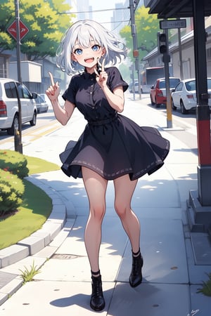 full_body, girl, teen, shy, outdoor, white_hair, laughing, finger_fetish