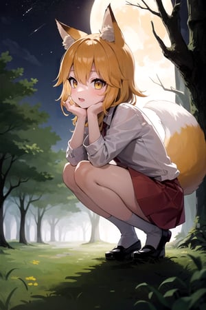 full_body, teen, girl, shy, senko_san, fox_tail, squatting, forest, night