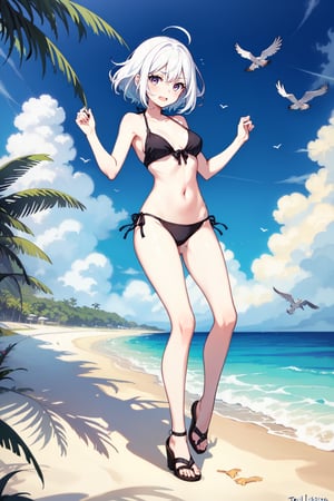 full_body, girl, teen, shy, outdoor, white_hair, bikini, beach, dancing, bird