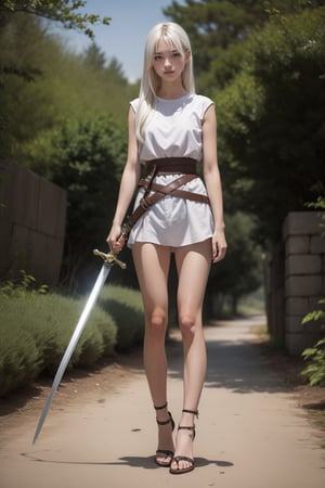 full_body, girl, teen, shy, outdoor, white_hair, taked_hand (sword), 