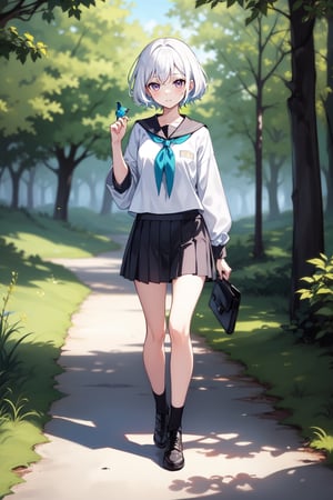 full_body, girl, teen, shy, outdoor, white_hair, forest, short_skirt, bird, touching_hair