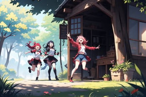 full_body, shy, outdoor, teen, 3_girls, laughing, battle