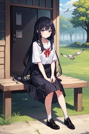 full_body, girl, teen, shy, outdoor, sitting, long_hair, long_skirt, birds