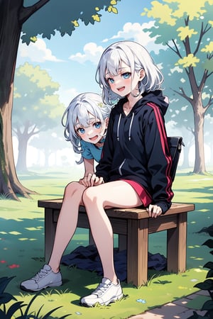 full_body, 2_girls, teen (18y.o.), shy, outdoor, sitting, white_hair, laughing