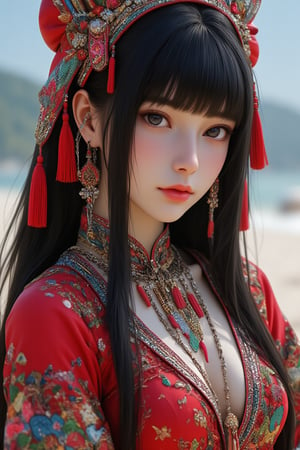 Super detailed, super realistic, beautiful Nordic girl with long hair and blunt bangs,
 Wearing a beautiful red beach wear, mixed raced woman, (black and asian). long straight black hair, Yakut national costume, (beautiful blue eyes), almond eyes, intricate textiles decorated with colorful and intricate geometric patterns, arms decorated with decorative embroidery.
Beautiful crystal blue eyes, almond eyes, complex fabric decorated with colorful and intricate geometric patterns, white, red and green and other earth tones clothes,, aw0k euphoric style,, perfect imitation of TaisaSDXL, dal, ct-identityV2