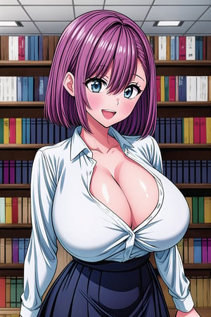 (Masterpiece), (Best Quality), (beautiful details), (absurdres), (hyper detailed), (18K wallpaper), (high resolution), (Highly detailed), (high quality), (beautiful), (Medium Long shot), (Ririsa Amano), (standing), 1girl, solo, looking at viewer, short hair, pink hair, bangs, hair between eyes, blue eyes, blush, smile, teeth, open mouth, collarbone, gigantic breasts, cleavage, shirt, long sleeves, white shirt, :d, collared shirt, dress shirt, (indoors, bookshelf, bangraund:1.3),clean line art,poakl