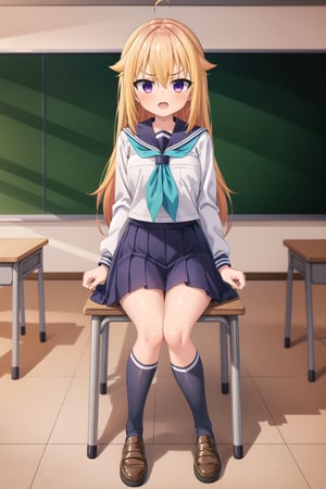 (masterpiece), (highres), (absurdres), (Highly detailed), (high quality), (hyper detailed), (beautiful), (detailed eyes), (detailed body), (Koshi Torako), (sitting), (full body), 1girl, solo, looking at viewer, blonde hair, long hair, bangs, hair between eyes, v-shaped eyebrows, purple eyes, open mouth, (medium breasts), shirt, white shirt, long sleeves, skirt, blue skirt, pleated skirt, school uniform, ahoge, hair flaps, sailor collar, blue sailor collar, neckerchief, blue neckerchief, serafuku, socks, kneehighs, shoes, loafers, brown footwear, (school, classroom, chairs, board, classroom interior, bangraund:1.3), linea art, koshi torako,poakl,