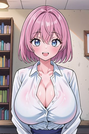 (Masterpiece), upper body, 1girl, solo, looking at viewer, short hair, ((((pink hair)))), bangs, hair between eyes, blue eyes, blush, smile, teeth, open mouth, collarbone, gigantic breasts, cleavage, shirt, collared shirt, long sleeves, white shirt, dress shirt, :d, indoors, bookshelf,Ririsa Amano,poakl