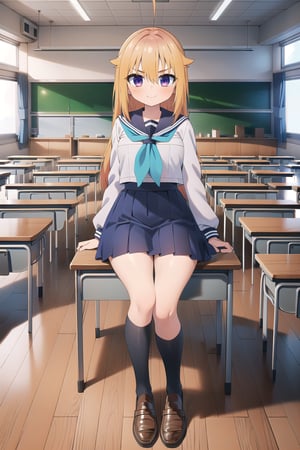 (masterpiece), (highres), (absurdres), (Highly detailed), (high quality), (hyper detailed), (beautiful), (detailed eyes), (detailed body), (Medium Long shot), (Koshi Torako), (sitting), (portrait), 1girl, solo, looking at viewer, blonde hair, long hair, bangs, hair between eyes, v-shaped eyebrows, purple eyes, smile, closed mouth, (medium breasts), crosed legs, shirt, white shirt, long sleeves, skirt, blue skirt, pleated skirt, school uniform, ahoge, hair flaps, sailor collar, blue sailor collar, neckerchief, blue neckerchief, serafuku, socks, kneehighs, shoes, loafers, brown footwear, (school, classroom, board, classroom interior, bangraund:1.3), linea art, koshi torako,poakl,Classroom,School Classroom