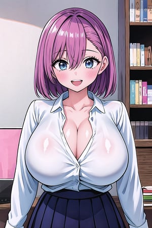 (Masterpiece), upper body, 1girl, solo, looking at viewer, short hair, pink hair, bangs, hair between eyes, blue eyes, blush, smile, teeth, open mouth, collarbone, gigantic breasts, cleavage, shirt, collared shirt, long sleeves, white shirt, dress shirt, :d, indoors, bookshelf,Ririsa Amano,poakl