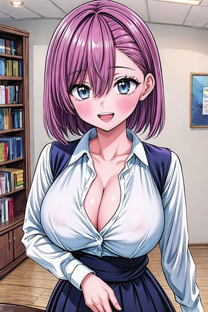 (Masterpiece), 1girl, solo, breasts, looking at viewer, blush, smile, short hair, open mouth, bangs, blue eyes, large breasts, shirt, long sleeves, cleavage, hair between eyes, collarbone, white shirt, upper body, pink hair, :d, teeth, collared shirt, indoors, dress shirt, bookshelf