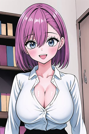 (Masterpiece), 1girl, solo, breasts, looking at viewer, blush, smile, short hair, open mouth, bangs, blue eyes, large breasts, shirt, long sleeves, cleavage, hair between eyes, collarbone, white shirt, upper body, pink hair, :d, teeth, collared shirt, indoors, dress shirt, bookshelf