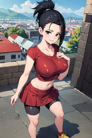 ((Nsfw)), ((((Masterpiece)))), beautiful details, perfect focus, uniform 8K wallpaper, high resolution, exquisite texture in every detail, looking at the viewer, smile, detailed background city, pastel, 1girl, solo, huge breasts, skirt, shirt, black hair, navel, jewelry, standing, collarbone, full body, ponytail, earrings, shorts, midriff, black eyes, crop top, red skirt, bike shorts, red shirt, serious, yellow footwear,photo of perfecteyes eyes,defKale