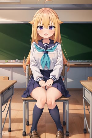 (masterpiece), (highres), (absurdres), (Highly detailed), (high quality), (hyper detailed), (beautiful), (detailed eyes), (detailed body), (Medium Long shot), (Koshi Torako), (sitting), (portrait), 1girl, solo, looking at viewer, blonde hair, long hair, bangs, hair between eyes, v-shaped eyebrows, purple eyes, open mouth, (medium breasts), crosed legs, shirt, white shirt, long sleeves, skirt, blue skirt, pleated skirt, school uniform, ahoge, hair flaps, sailor collar, blue sailor collar, neckerchief, blue neckerchief, serafuku, socks, kneehighs, shoes, loafers, brown footwear, (school, classroom, chairs, board, classroom interior, bangraund:1.3), linea art, koshi torako,poakl,