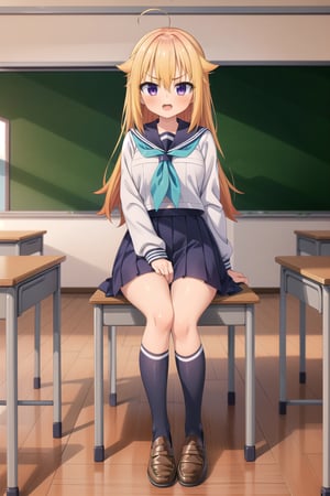 (masterpiece), (highres), (absurdres), (Highly detailed), (high quality), (hyper detailed), (beautiful), (detailed eyes), (detailed body), (Koshi Torako), (sitting), (full body), 1girl, solo, looking at viewer, blonde hair, long hair, bangs, hair between eyes, v-shaped eyebrows, purple eyes, open mouth, (medium breasts), shirt, white shirt, long sleeves, skirt, blue skirt, pleated skirt, school uniform, ahoge, hair flaps, sailor collar, blue sailor collar, neckerchief, blue neckerchief, serafuku, socks, kneehighs, shoes, loafers, brown footwear, (school, classroom, chairs, board, classroom interior, bangraund:1.3), linea art, koshi torako,poakl,