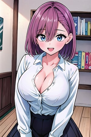 (Masterpiece), 1girl, solo, breasts, looking at viewer, blush, smile, short hair, open mouth, bangs, blue eyes, large breasts, shirt, long sleeves, cleavage, hair between eyes, collarbone, white shirt, pink hair, :d, teeth, collared shirt, indoors, dress shirt, bookshelf,clean line art