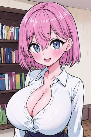 (Masterpiece), upper body, 1girl, solo, looking at viewer, short hair, ((((pink hair)))), bangs, hair between eyes, blue eyes, blush, smile, teeth, open mouth, collarbone, gigantic breasts, cleavage, shirt, collared shirt, long sleeves, white shirt, dress shirt, :d, indoors, bookshelf,Ririsa Amano,poakl