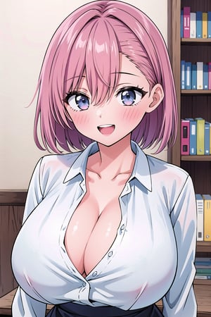 (Masterpiece), upper body, 1girl, solo, looking at viewer, short hair, ((((pink hair)))), bangs, hair between eyes, blue eyes, blush, smile, teeth, open mouth, collarbone, gigantic breasts, cleavage, shirt, collared shirt, long sleeves, white shirt, dress shirt, :d, indoors, bookshelf,Ririsa Amano,poakl